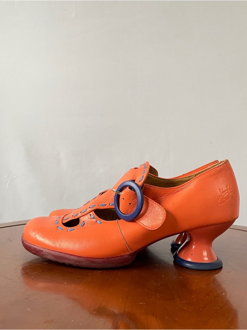 John Fluevog Enthusiast Vintage Style Orange Leather Mary Jane Heels